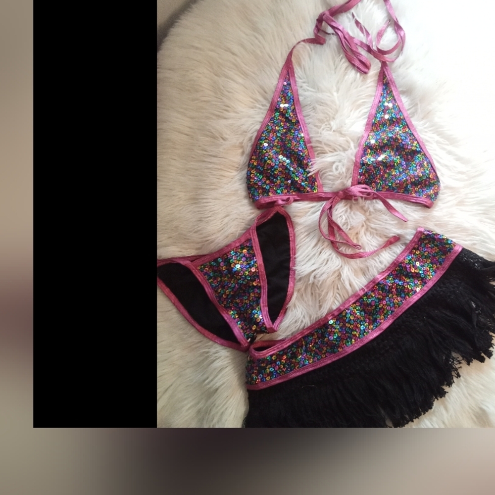 Vibrant Sequin Bikini Set with Fringe M/L NWOT